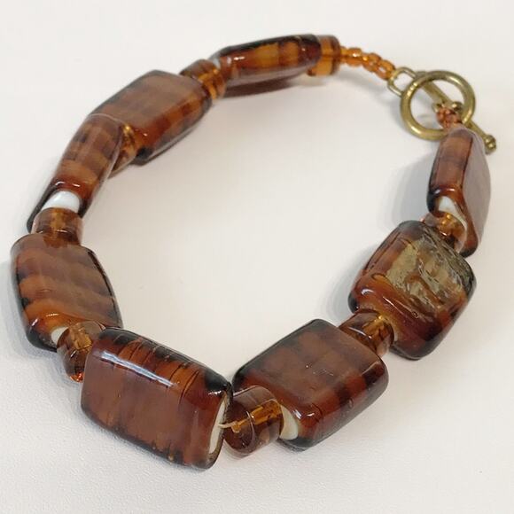 Art Glass Root Beer Tiger Stripe Chunky Cube Rectangle Beaded Anklet Toggle - Picture 5 of 13